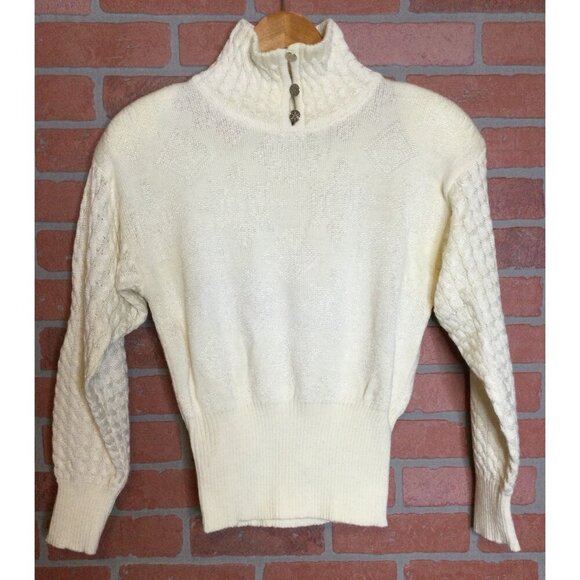Vintage Nils Womens Cream Cable Knit Sweater Wool Blend Size M High Collar Butto - Picture 1 of 6
